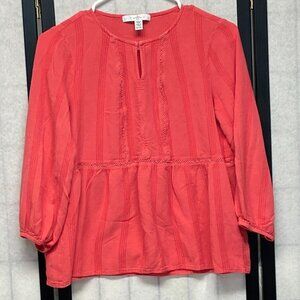 Fever Lace Inset V-Neck Peasant Top S 3/4 Sleeve Boho Peplum Blouse Coral Orange